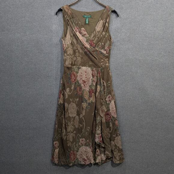 Ralph Lauren LRL Silk Dress Womens 8 Faux Wrap Ruffle Tank Feminine Soft Elegant - Picture 1 of 12